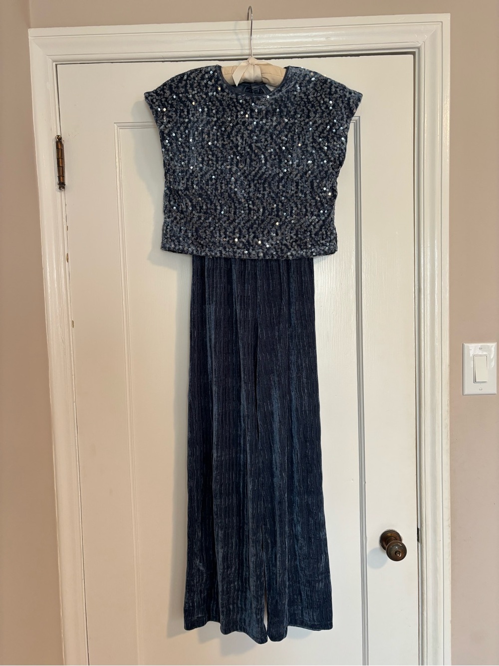 Zara Kids Girls Blue Velvet Jumpsuit with Sequin Top
